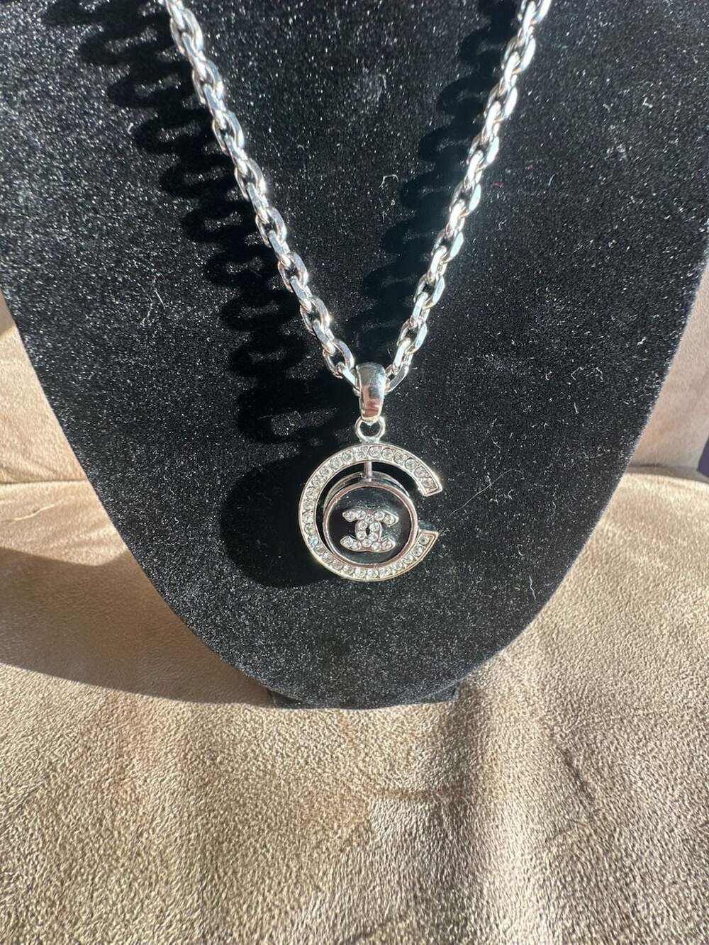 Chanel Style CC Logo Rhinestone Pendant Necklace with Silver-Tone Chain